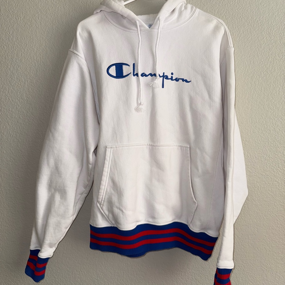 Champion White Hoodie with Blue and Red Trim